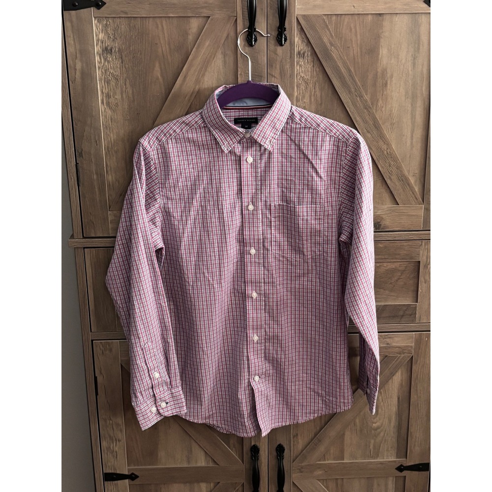 Tommy Hilfiger Boys Red White Blue Plaid Long Sleeve Button Down Shirt Size 14